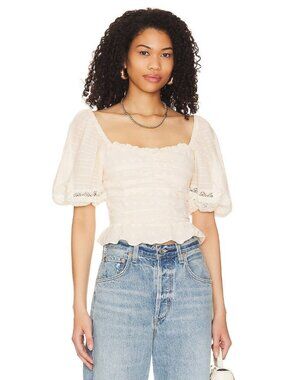 HEARTLOOM Revolve Jess Puffle Sleeve Eyelet Peplum Top Sz S Ecru